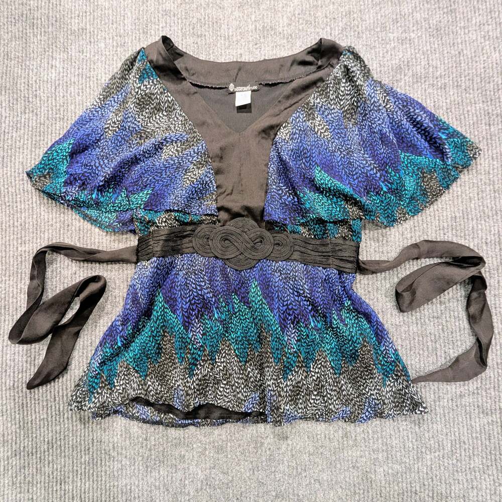 Y2K Mermaidcore Teal Chevron Babydoll Top Braided Waist Tie Size M